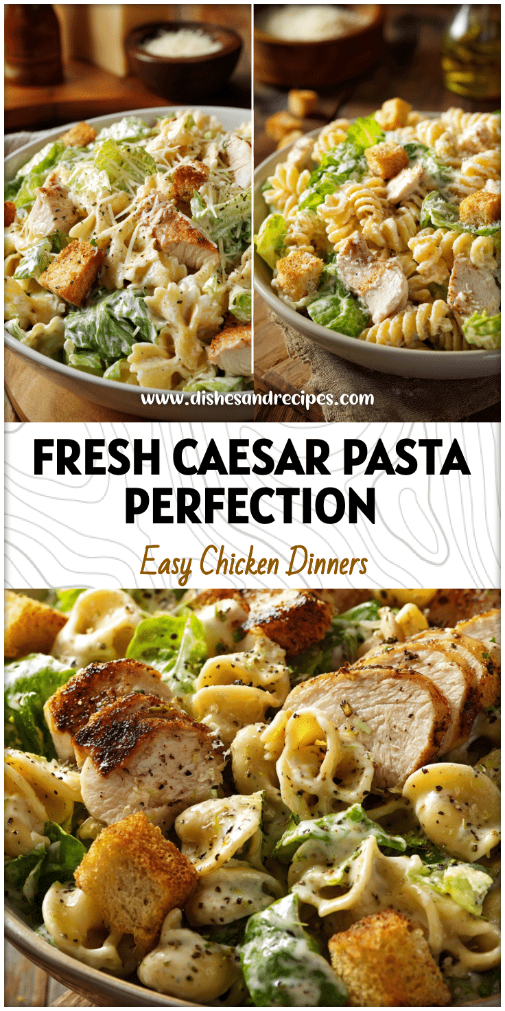 Fresh Chicken Caesar Pasta Salad with lettuce, parmesan, and croutons on a wooden table for lunch meal prep.